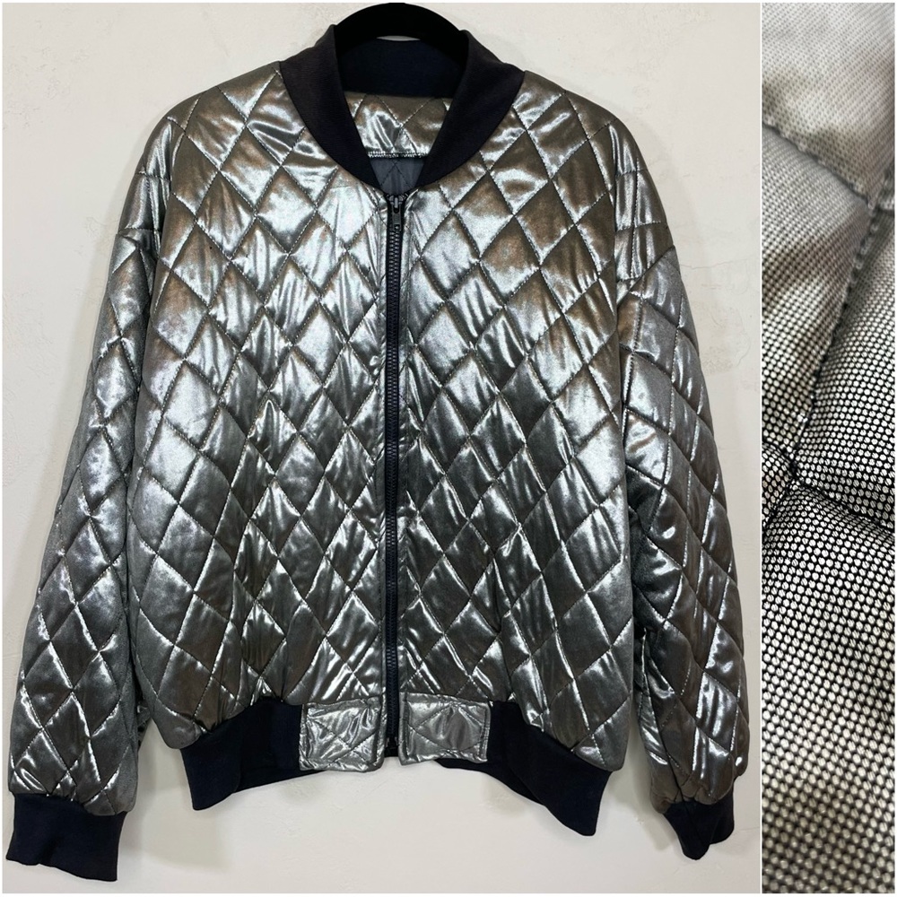 Vintage Metallic Warm Silver Quilted Bomber Jacket
